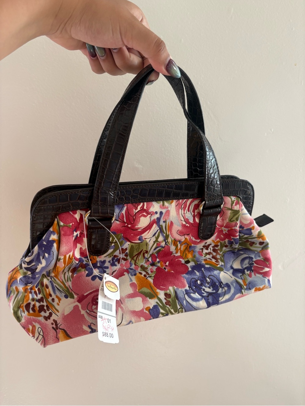 Talbots Floral Canvas Satchel with Black Faux-Croc Handles